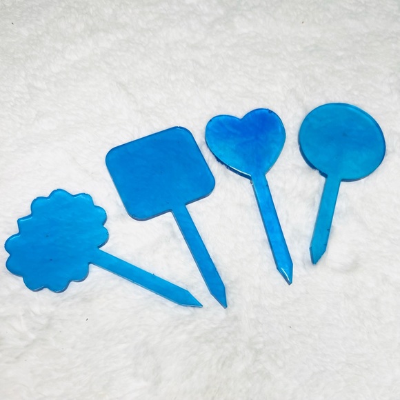 Set of 4 Translucent Blue Plant Markers Hand Crafted Resin Gift Set Cake Toppers - Picture 3 of 8